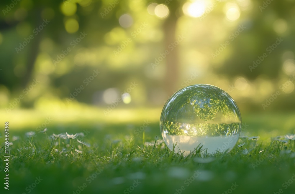 Enchanted Glass Sphere Reflecting Nature's Beauty with Soft Sunshine, Surrounded by Lush Green Grass and Delicate White Flowers in a Serene Park Environment Enchanted Glass Sphere Reflecting Nature's Beauty with Soft Sunshine, Surrounded by Lush Green Grass and Delicate White Flowers in a Serene Park Environment