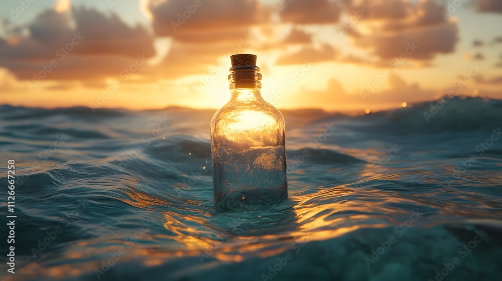 Glass bottle with cork floating in turquoise ocean waves during sunset. Golden hour creates romantic atmosphere with gentle ripples in crystal clear water, capturing seaside nostalgia. Glass bottle with cork floating in turquoise ocean waves during sunset. Golden hour creates romantic atmosphere with gentle ripples in crystal clear water, capturing seaside nostalgia.