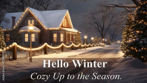 Wallpaper Mural Hello Winter Banner - A beautiful home with Christmas lights decorating the outside at winter wonderland. Torontodigital.ca