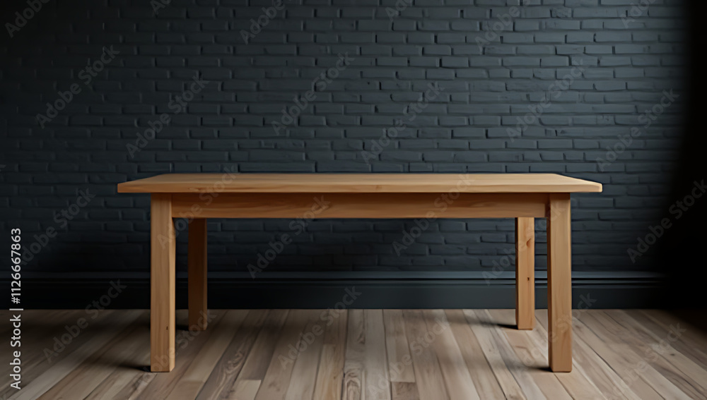Simple wooden table stands alone in a room with a dark brick wall serving as its backdrop._00001_ Simple wooden table stands alone in a room with a dark brick wall serving as its backdrop._00001_