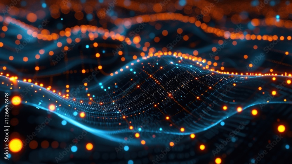 Complex digital wave particles flowing on dark background are creating abstract cyberspace landscape with orange and blue bokeh lights for innovative production Complex digital wave particles flowing on dark background are creating abstract cyberspace landscape with orange and blue bokeh lights for innovative production