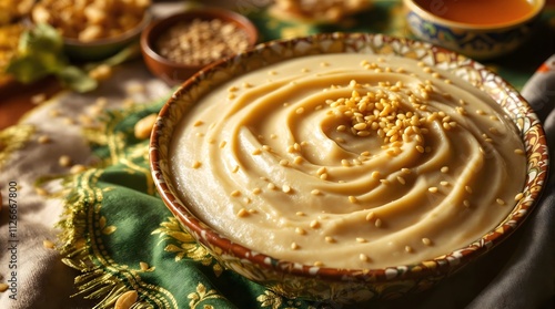 Sumalak Shirini Wheat-Based Dessert with Honey Drizzle and Sesame Seeds Garnish (Tajikistan Cuisine) photo