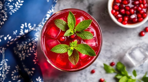 Sharbat-e Anor Pomegranate Syrup Drink with Ice and Fresh Mint Garnish (Tajikistan Cuisine) photo