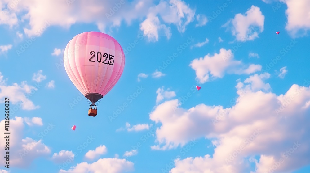Fototapeta premium A pink hot air balloon with the number 2025 floats in a blue sky filled with clouds.