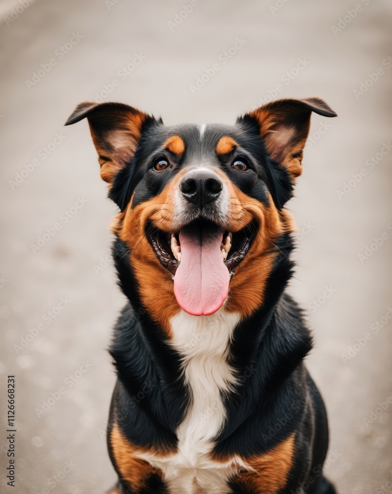 A dog with a black and brown coat is smiling and has its tongue out A dog with a black and brown coat is smiling and has its tongue out