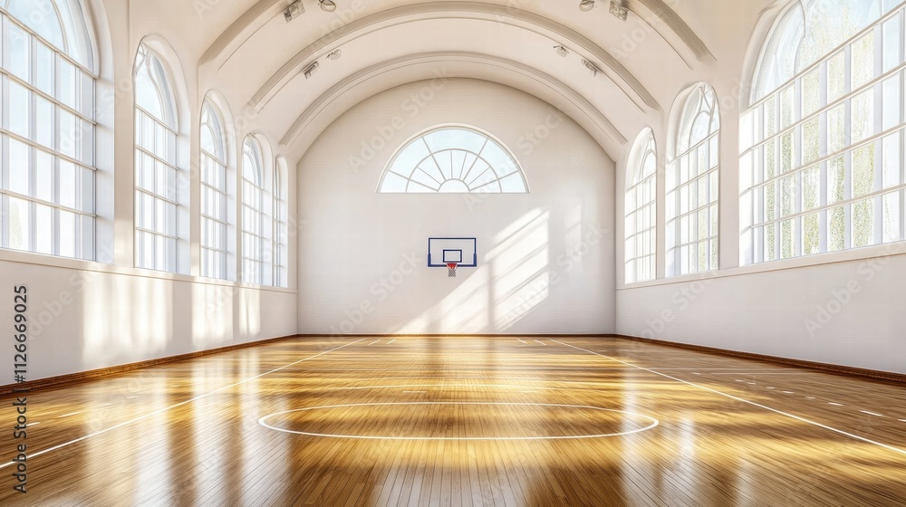 Empty Modern Basketball Court in a Bright Hall with Large Windows Empty Modern Basketball Court in a Bright Hall with Large Windows