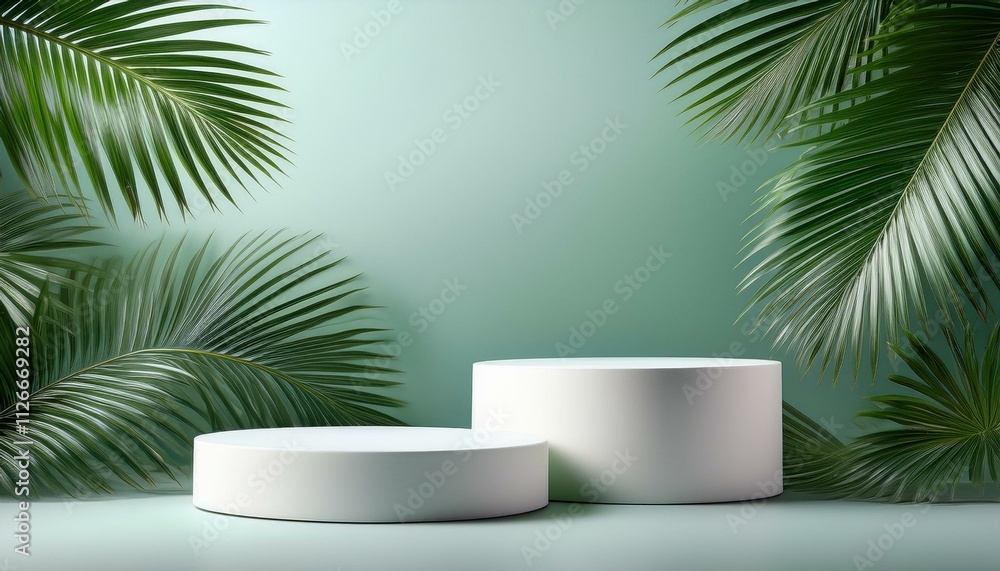 Modern Elegance: Crisp White Pedestals and Tropical Greenery Modern Elegance: Crisp White Pedestals and Tropical Greenery