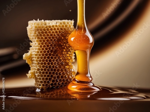 Close Up of Dripping Honey with Golden Honeycomb Texture and Viscous Liquid Background. photo