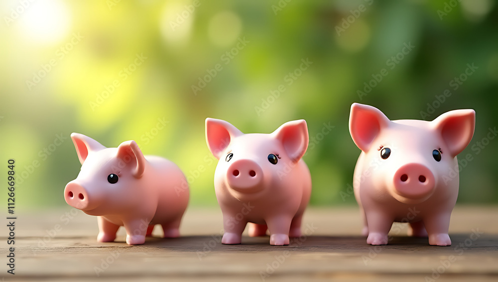 Three size pigs on a wooden table represent growing savings and investments through various financial concepts and strategies._00002_ Three size pigs on a wooden table represent growing savings and investments through various financial concepts and strategies._00002_