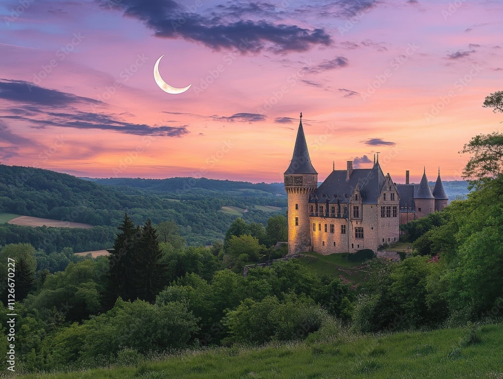 Fototapeta premium beautiful castle at sunset with moon in the sky