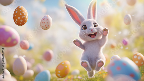 A cartoon rabbit is jumping through a field of Easter eggs