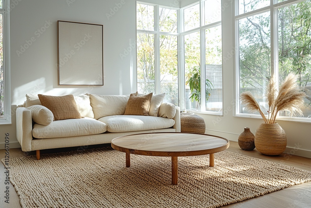 A Scandinavian interior in a modern living room with a sofa and a wooden table in view. Generative AI
A Scandinavian interior in a modern living room with a sofa and a wooden table in view. Generative AI