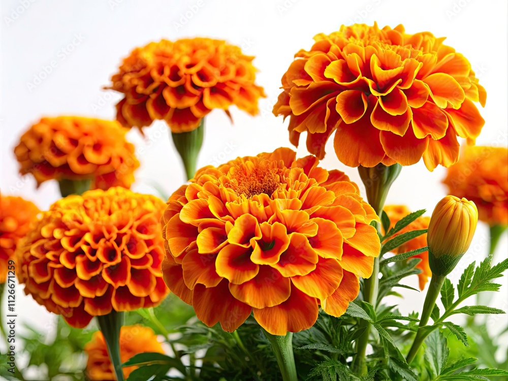Panoramic Marigold Photography: Isolated Orange Flowers on White Background Panoramic Marigold Photography: Isolated Orange Flowers on White Background