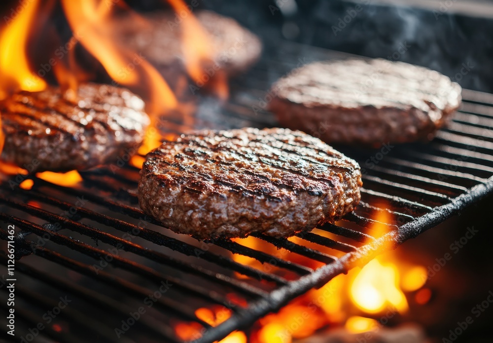 Grilled Beef Burgers Cooking Over Open Flames on a Barbecue, Creating Juicy and Flavorful Meat Patterns with Smoke and Flames in Background Grilled Beef Burgers Cooking Over Open Flames on a Barbecue, Creating Juicy and Flavorful Meat Patterns with Smoke and Flames in Background