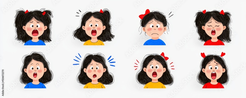 Female cartoon character face emotion modern set. Various young woman facial expression icons. Isolated red hair avatar can wink, laugh, show anger, calm, and be scared. Female cartoon character face emotion modern set. Various young woman facial expression icons. Isolated red hair avatar can wink, laugh, show anger, calm, and be scared.