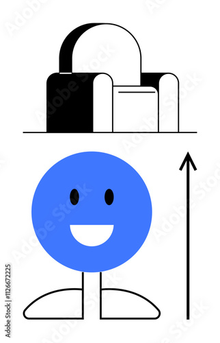 Black chair blue happy face upward arrow signify comfort positivity progress, and growth. Ideal for themes of relaxation, happiness, ambition, success, personal development, motivation. Line