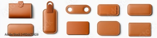 Isolated realistic brown leather patch. Label tag with seam template on transparent background. Vintage craft emblem design with string. Round and rectangle calfskin material sample.