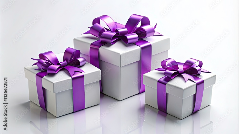 Realistic 3D Rendered Gift Boxes: Purple Bow, White Gift Box, Multiple Angles, Product Photography Realistic 3D Rendered Gift Boxes: Purple Bow, White Gift Box, Multiple Angles, Product Photography