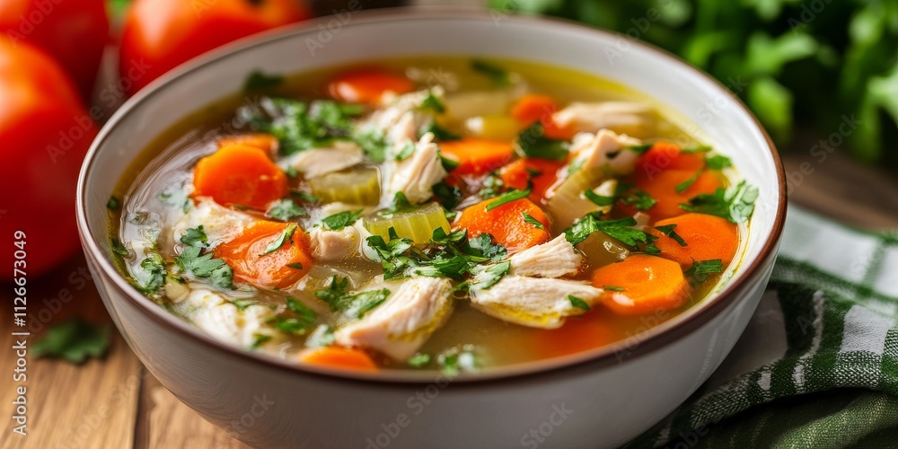 Vegetable and chicken soup, featuring a vibrant mix of fresh vegetables and tender chicken, captured with selective focus for an inviting culinary presentation. Vegetable and chicken soup, featuring a vibrant mix of fresh vegetables and tender chicken, captured with selective focus for an inviting culinary presentation.