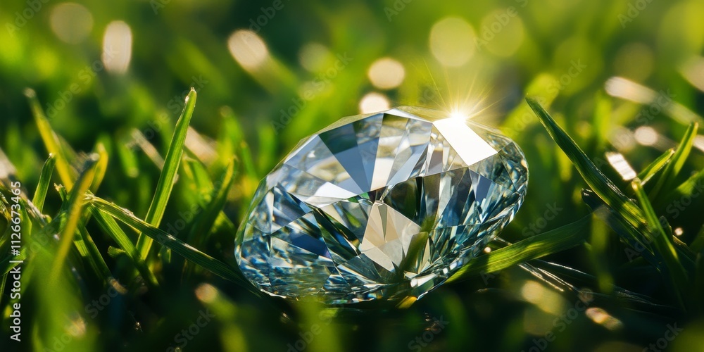 Sparkling diamond resting on vibrant green grass, showcasing the contrast between the brilliance of the diamond and the lush greenery of the grass, creating a stunning visual appeal. Sparkling diamond resting on vibrant green grass, showcasing the contrast between the brilliance of the diamond and the lush greenery of the grass, creating a stunning visual appeal.