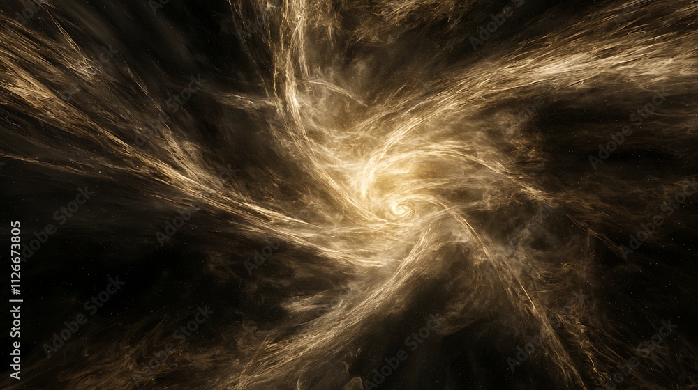 Naklejka premium Golden swirling nebula, cosmic dust, space vortex.
