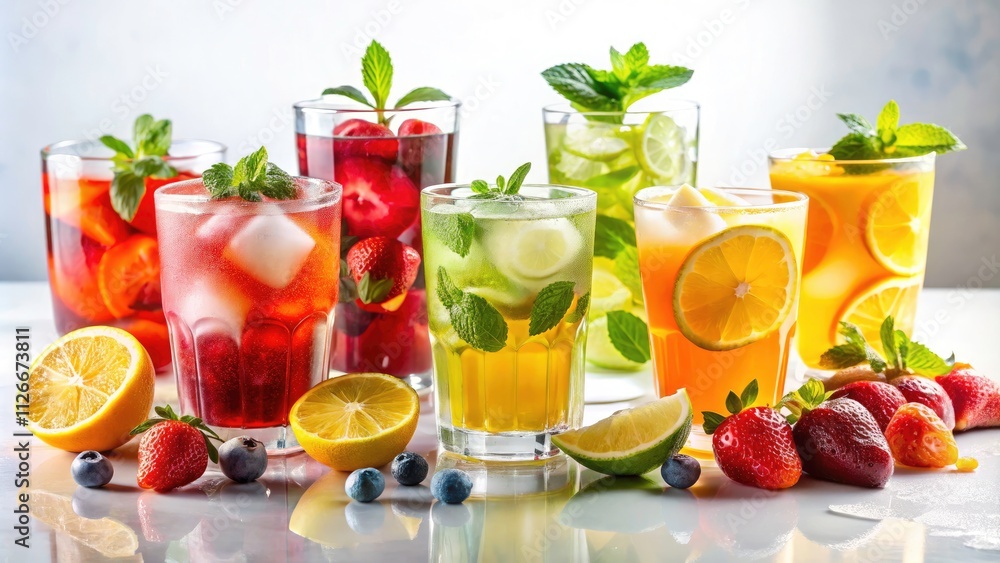 Fototapeta premium Refreshing Summer Drinks: Iced Beverages in Glasses, White Background Photography