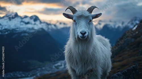 majestic white goat in a mountainous landscape during sunset