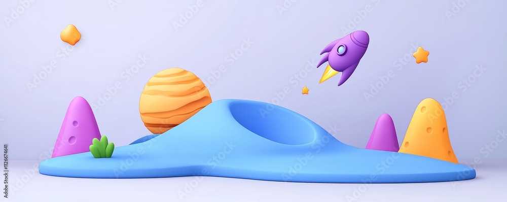 Naklejka premium Space background with planet, stars, and meteor. Alien planet or moon landscape with craters and comets flying in the night sky, modern cartoon illustration.