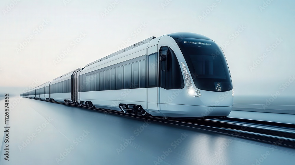 Fototapeta premium Modern Train on Futuristic Tracks, Sleek Design with Streamlined Shapes Surrounded by Tranquil Landscape at Dawn, Symbolizing Innovation in Public Transportation
