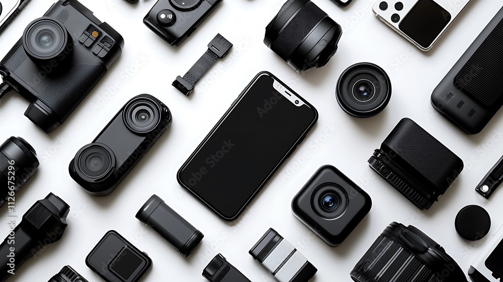 Flat lay of various black photography and videography equipment on white background. Flat lay of various black photography and videography equipment on white background.