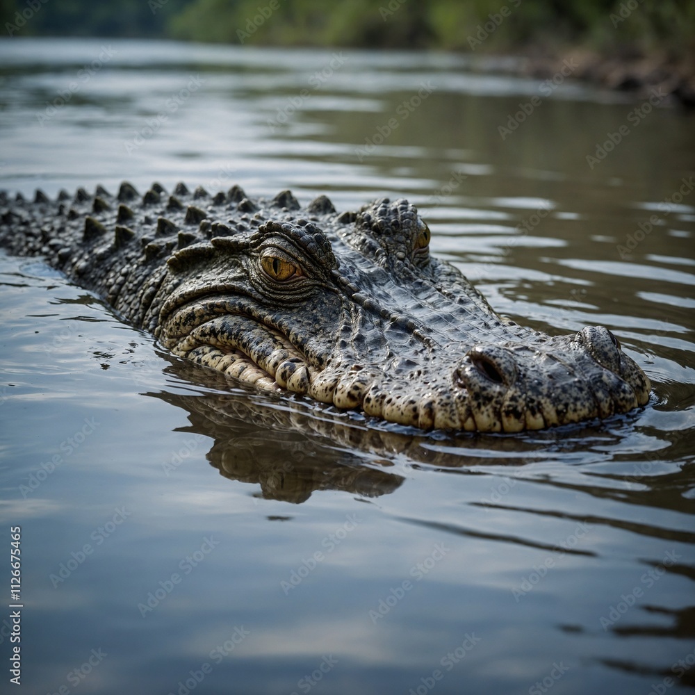 A crocodile partially submerged in a calm river with only its eyes visible.
A crocodile partially submerged in a calm river with only its eyes visible.
