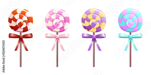 Set of colorful lollipops on a wooden stick with a bow. Twisted sucker candy hard sugar caramel, lollypop isolated on white background. Sweet food icons.