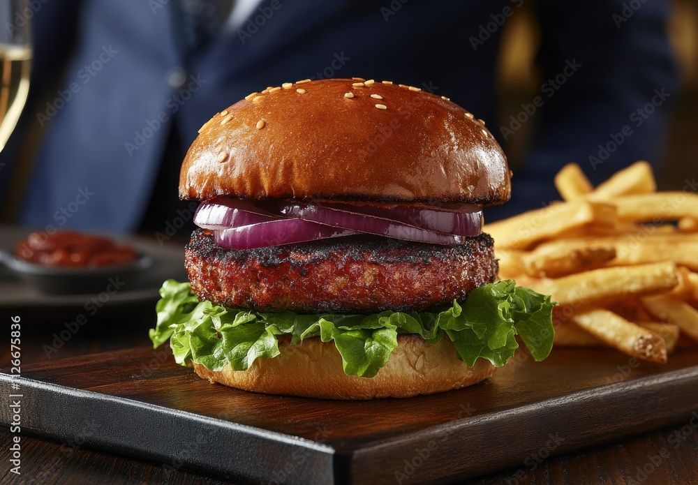 Juicy Grilled Burger with Sesame Bun and Fresh Toppings Served with Crispy French Fries on Rustic Wooden Platter in Elegant Restaurant Setting Juicy Grilled Burger with Sesame Bun and Fresh Toppings Served with Crispy French Fries on Rustic Wooden Platter in Elegant Restaurant Setting