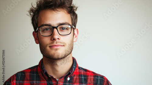 Closeup of a young man with glasses, a friendly expression, and a plaid shirt, standing against a neutral white background, casual and approachable tone