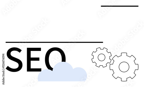 SEO text with two gears and a blue cloud. Ideal for digital marketing, search engine optimization, online strategy, web, v09 development, content creation, web, v09site management, business growth