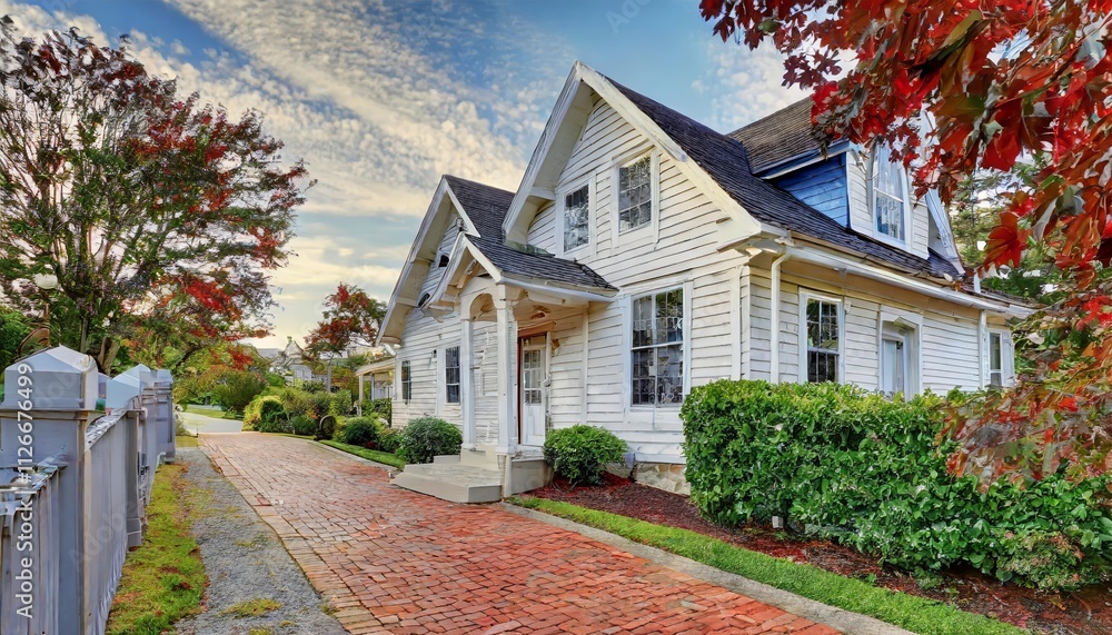 Charming Classic White Clapboard House with a Welcoming Red Brick Sidewalk, Perfectly Blending Traditional Architecture with Modern Curb Appeal in a Picturesque Neighborhood Setting Charming Classic White Clapboard House with a Welcoming Red Brick Sidewalk, Perfectly Blending Traditional Architecture with Modern Curb Appeal in a Picturesque Neighborhood Setting