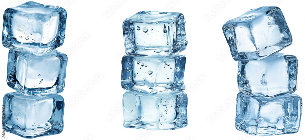 Ice cubes stacked in three different arrangements isolated on transparent background. Ice cubes stacked in three different arrangements isolated on transparent background.