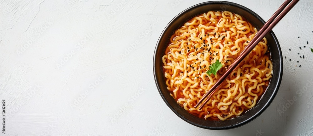 Spicy ramen noodles in a bowl with chopsticks. Spicy ramen noodles in a bowl with chopsticks.