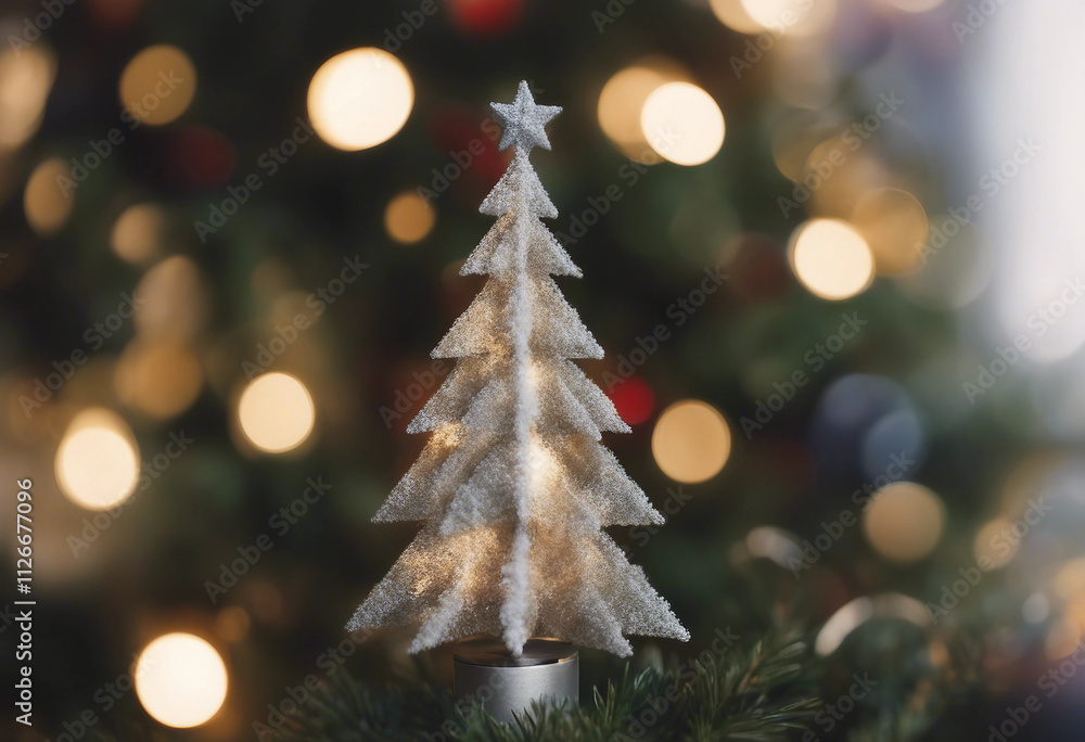 Christmas Tree With Ornament And Bokeh Lights In Snowy Background Christmas Tree With Ornament And Bokeh Lights In Snowy Background