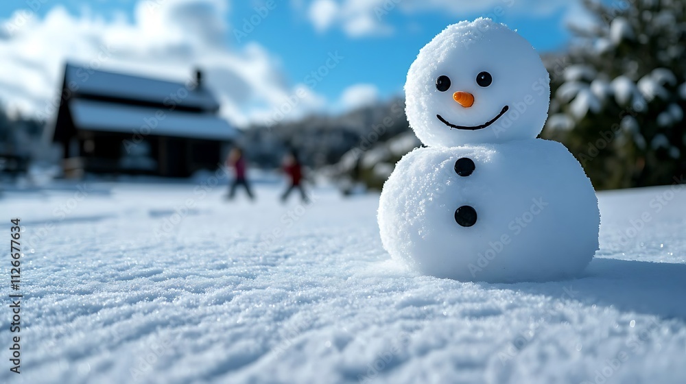 Charming Winter Scene Featuring a Snowman Surrounded by Picturesque Snow-Covered Landscape in a Beautiful Park Setting with People in the Background Charming Winter Scene Featuring a Snowman Surrounded by Picturesque Snow-Covered Landscape in a Beautiful Park Setting with People in the Background