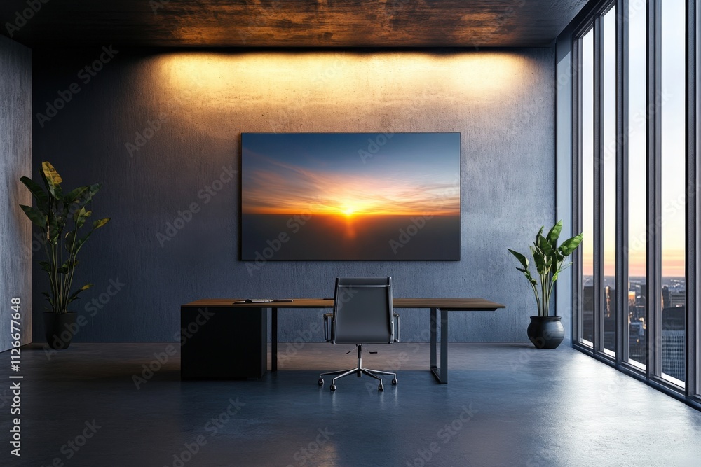 modern office interior with sunset view modern office interior with sunset view