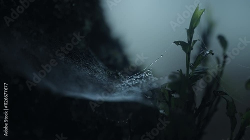 Extreme close up shot of a wet spider web hanging in between trees in the forest during a dark rainy day