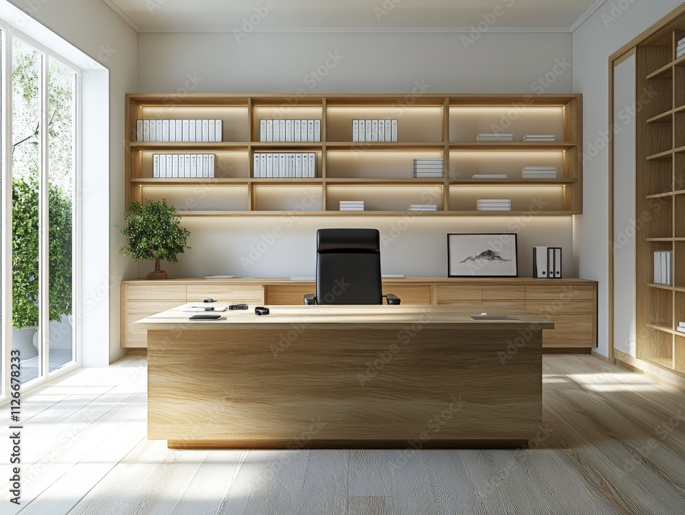 Fototapeta premium modern office interior with wooden furniture and natural light
