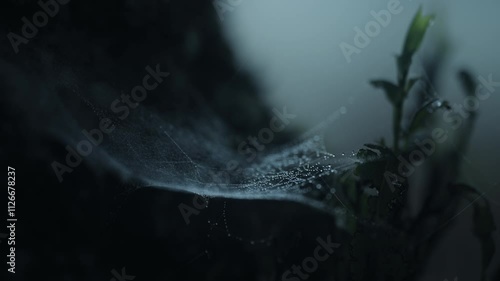 Extreme close up shot of a wet spider web hanging in between trees in the forest during a dark rainy day