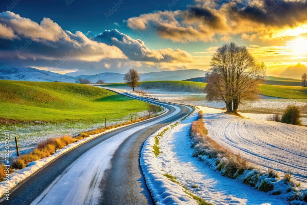 Snowy Road Landscape, Winter Wonderland Drive, Green Field, Cold Season Scenery, Frosty Path, Rural Road, Icy Road, Winter Drive Photography Snowy Road Landscape, Winter Wonderland Drive, Green Field, Cold Season Scenery, Frosty Path, Rural Road, Icy Road, Winter Drive Photography