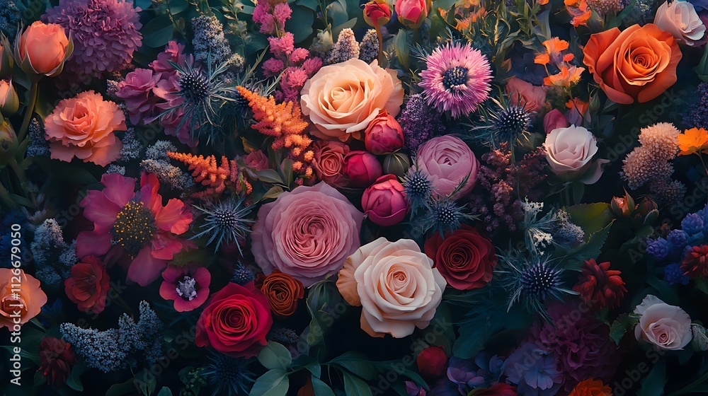A vibrant bouquet of flowers including roses background A vibrant bouquet of flowers including roses background