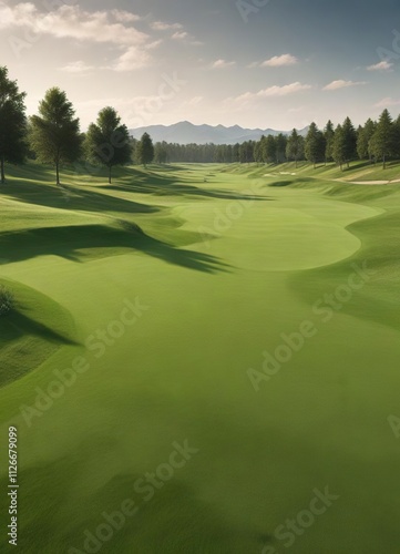 Lush green fairway stretching out into the distance at a golf course, recreation, rolling hills, green fields, sport, landscape