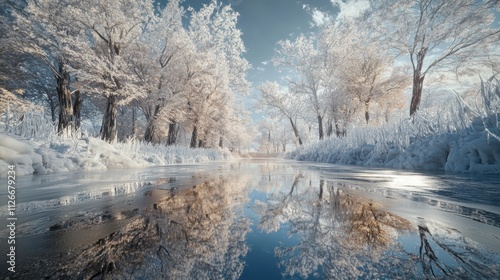 Serene winter landscape with reflective water and trees