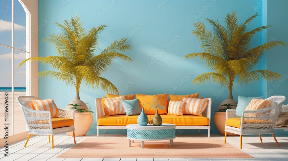 Fototapeta premium Bright Coastal Living Room with Modern Furniture and Tropical Plants