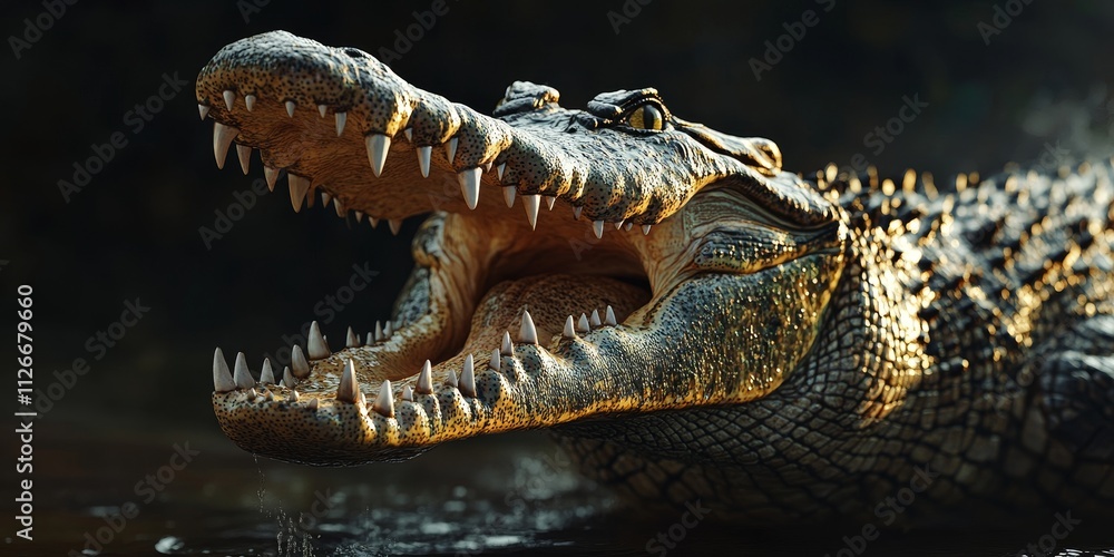 Obraz premium Crocodile displaying its mouth wide open, showcasing the impressive jaws of the crocodile in a dynamic pose. The open mouth of the crocodile emphasizes its powerful features.
